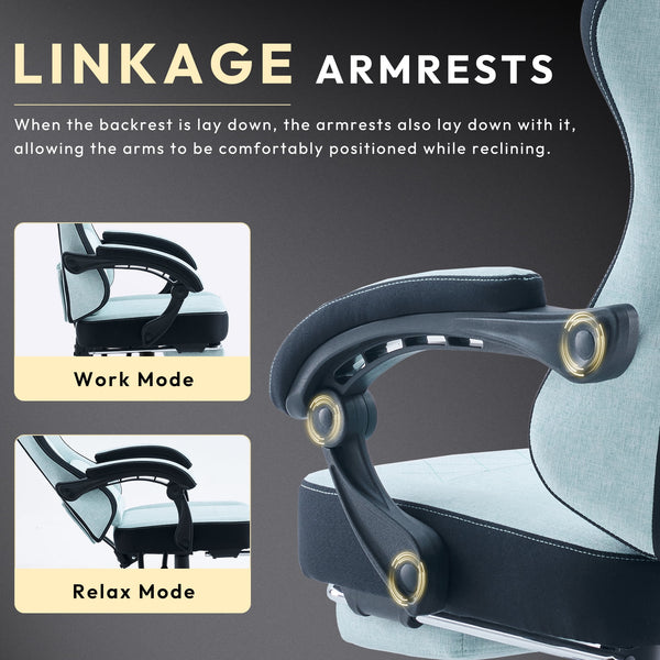 Elite Ergonomic Fabric Gaming Chair in Aqua with massage lumbar support and retractable footrest.