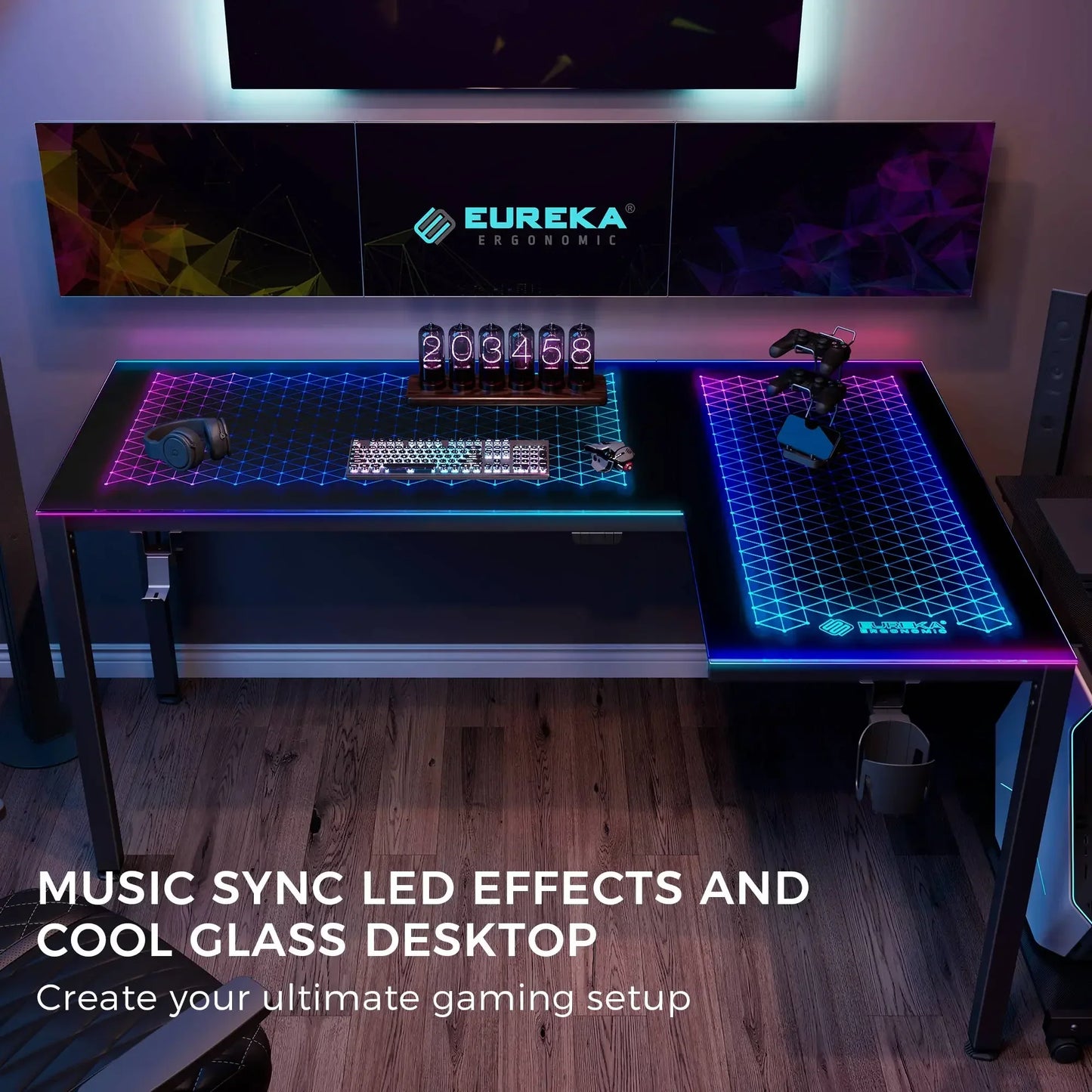 Modern gaming command center featuring the Eureka Ergonomic L-shaped glass desk with a dual monitor setup.