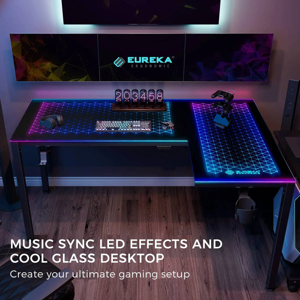 Modern gaming command center featuring the Eureka Ergonomic L-shaped glass desk with a dual monitor setup.