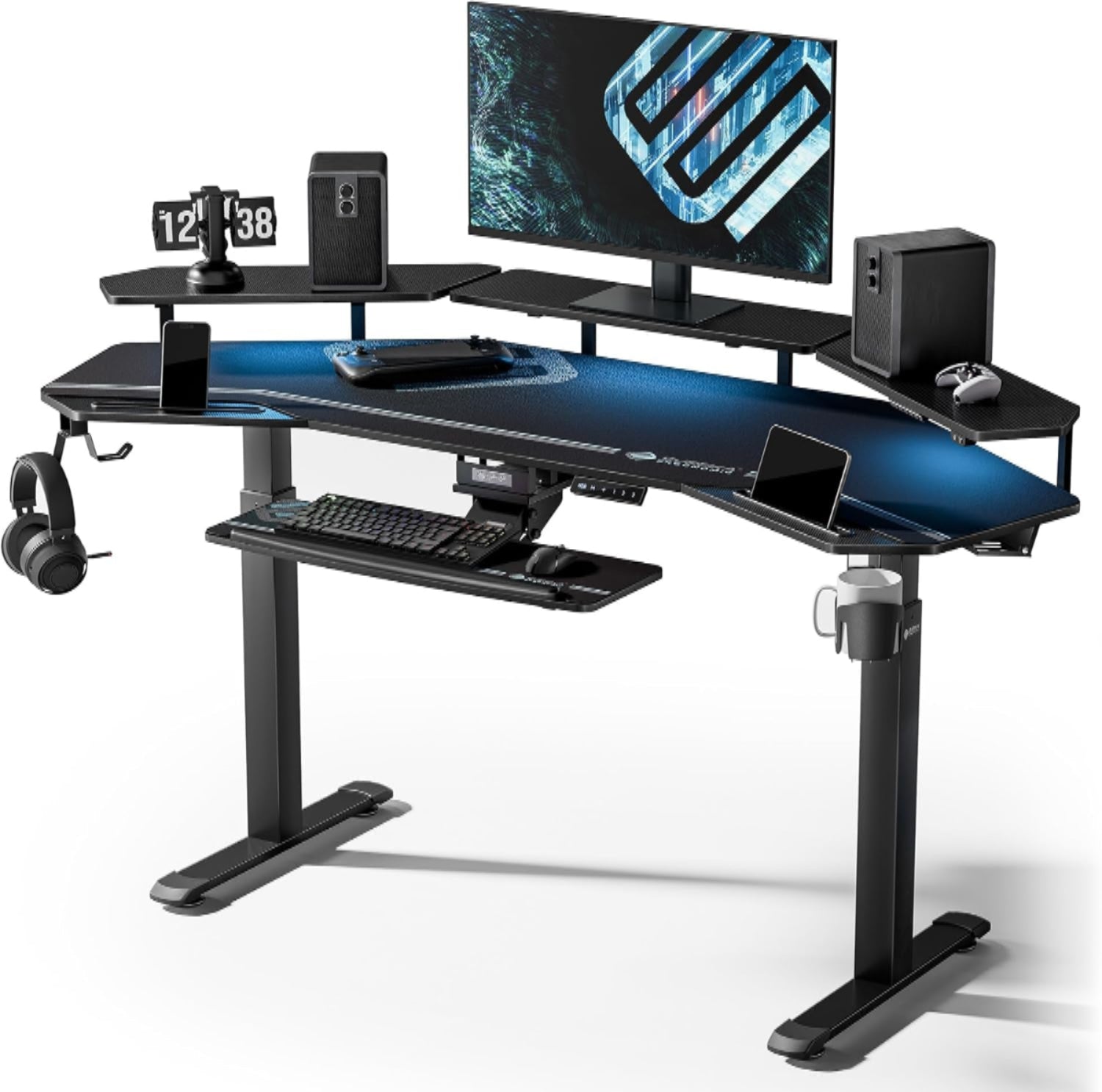 Front view of the 72-inch Elite Wing-Shaped Command Desk in black by Mac's Gaming Shack.