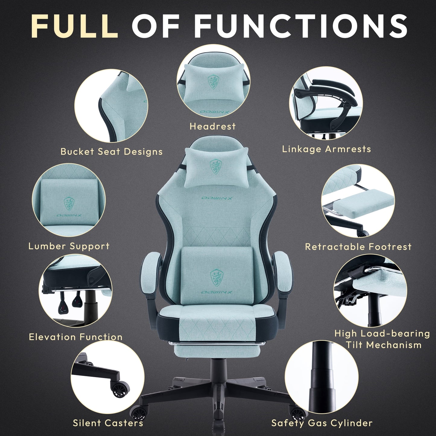 Elite Ergonomic Fabric Gaming Chair in Aqua with massage lumbar support and retractable footrest.