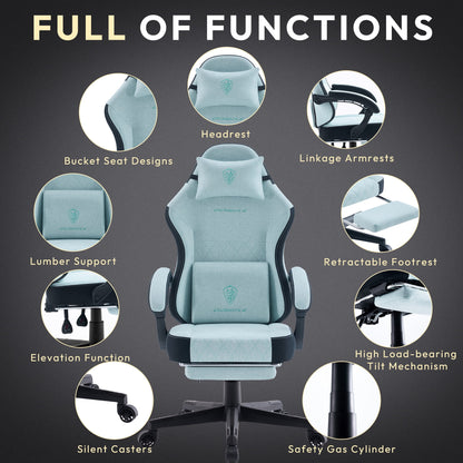 Elite Ergonomic Fabric Gaming Chair in Aqua with massage lumbar support and retractable footrest.