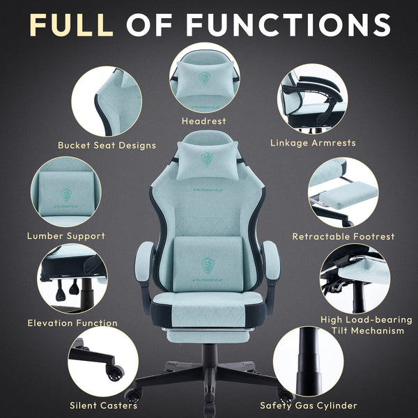 Elite Ergonomic Fabric Gaming Chair in Aqua with massage lumbar support and retractable footrest.