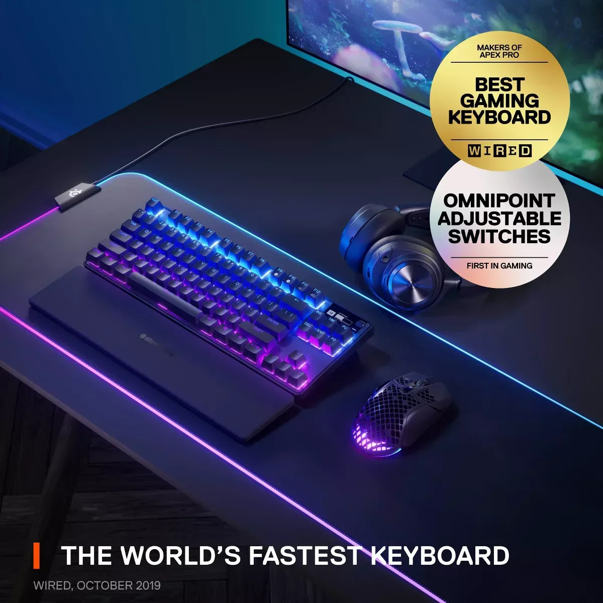 SteelSeries Apex Pro TKL Wireless mechanical gaming keyboard with OLED smart display.
