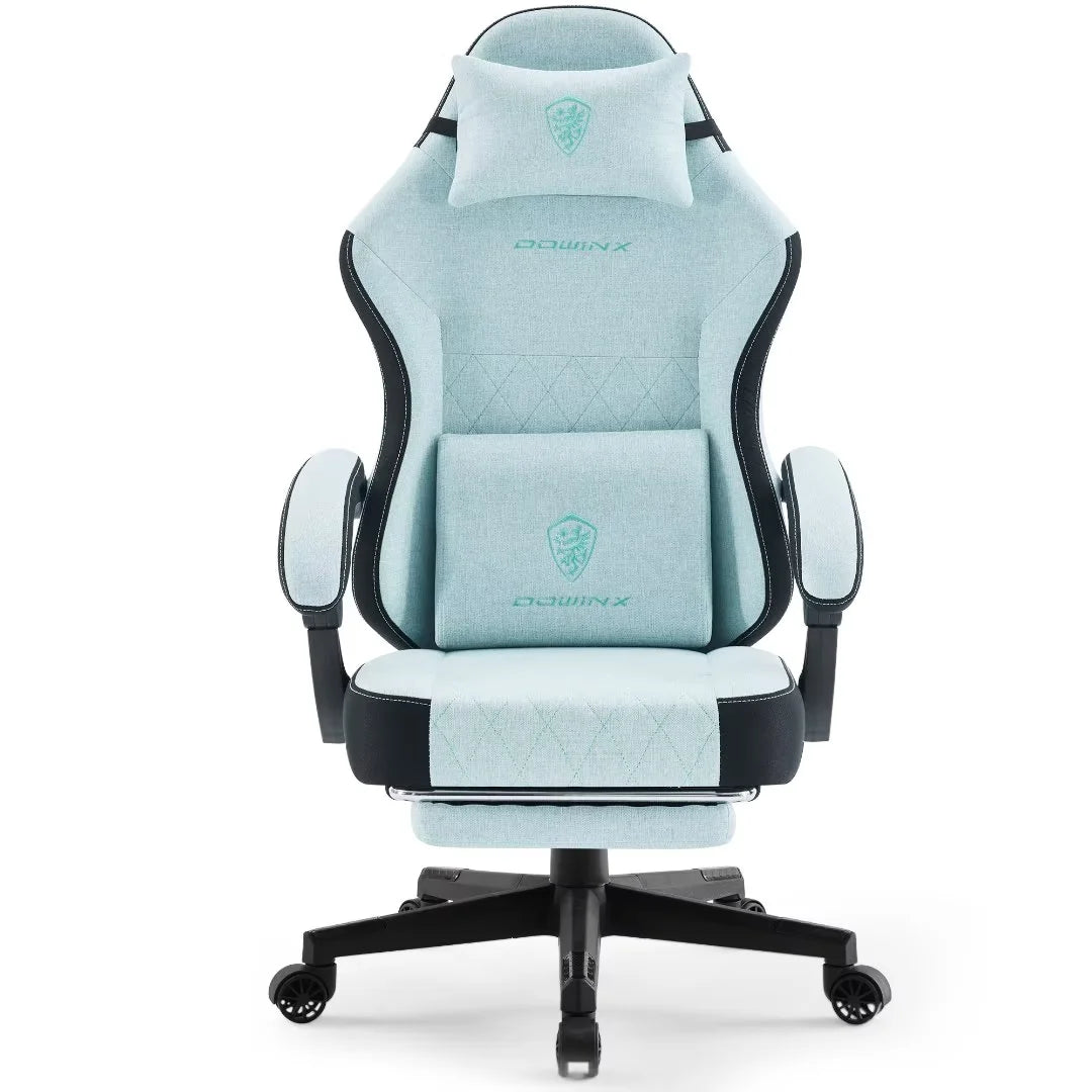 Elite Ergonomic Fabric Gaming Chair in Aqua with massage lumbar support and retractable footrest.