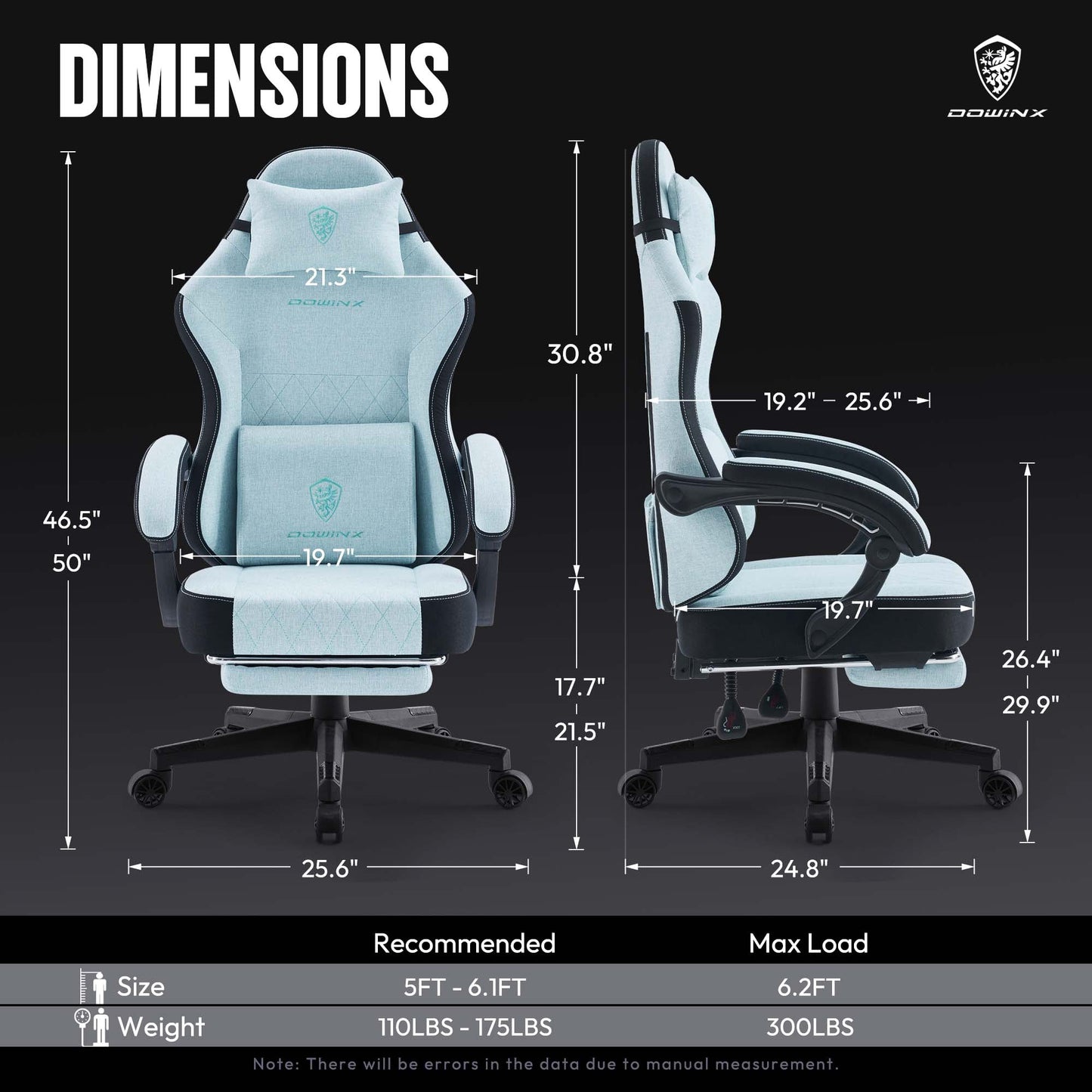 Elite Ergonomic Fabric Gaming Chair in Aqua with massage lumbar support and retractable footrest.
