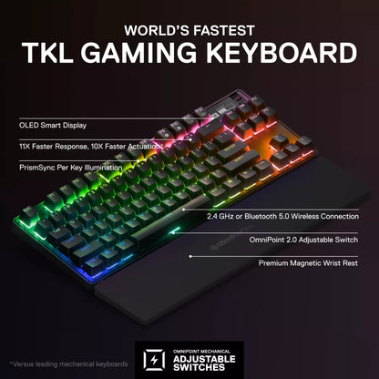SteelSeries Apex Pro TKL Wireless mechanical gaming keyboard with OLED smart display.