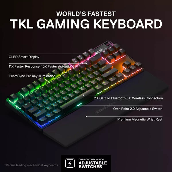 SteelSeries Apex Pro TKL Wireless mechanical gaming keyboard with OLED smart display.