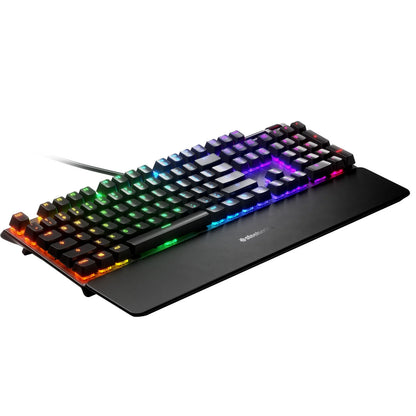 SteelSeries Apex 5 wired gaming keyboard with premium magnetic ergonomic wrist rest attached.