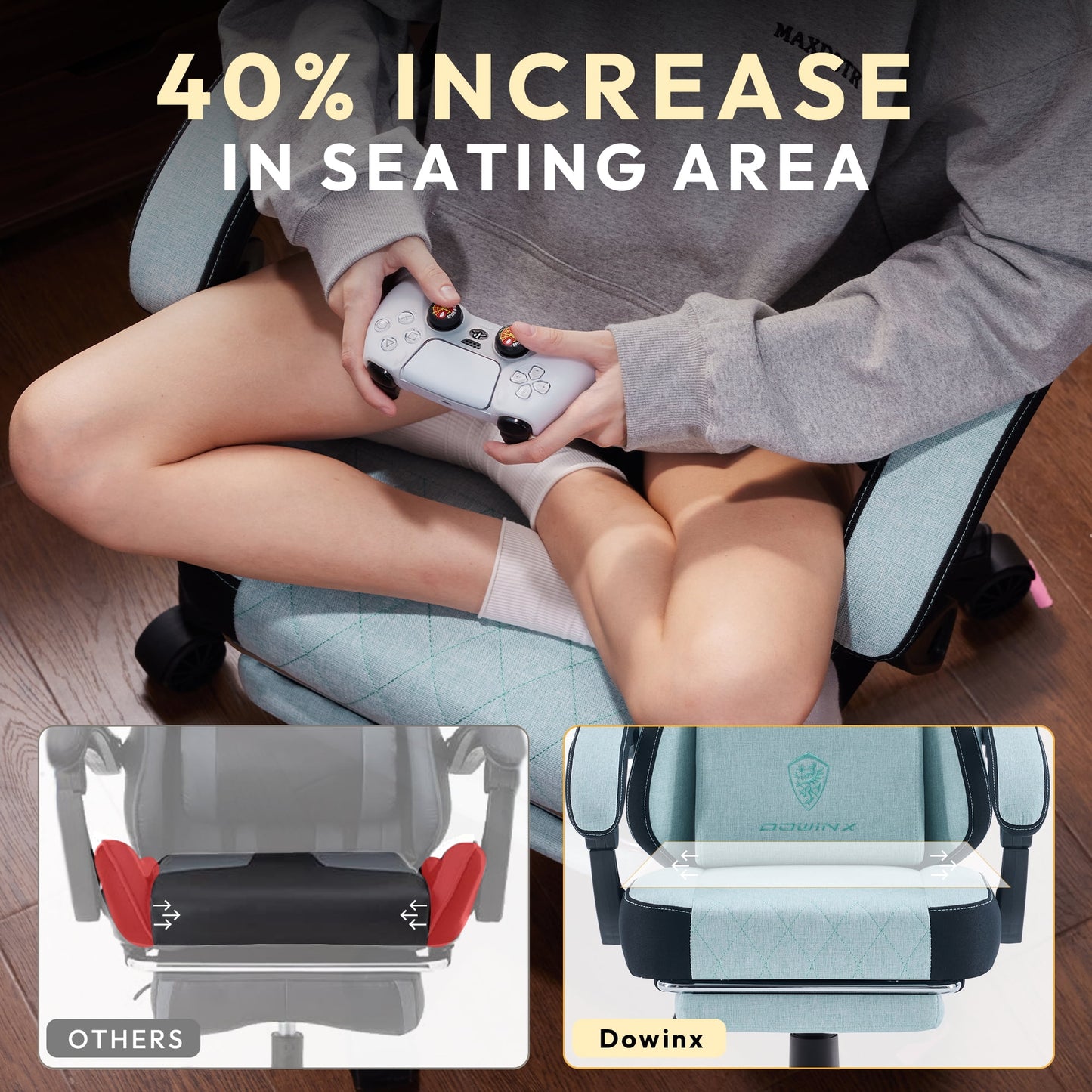 Elite Ergonomic Fabric Gaming Chair in Aqua with massage lumbar support and retractable footrest.