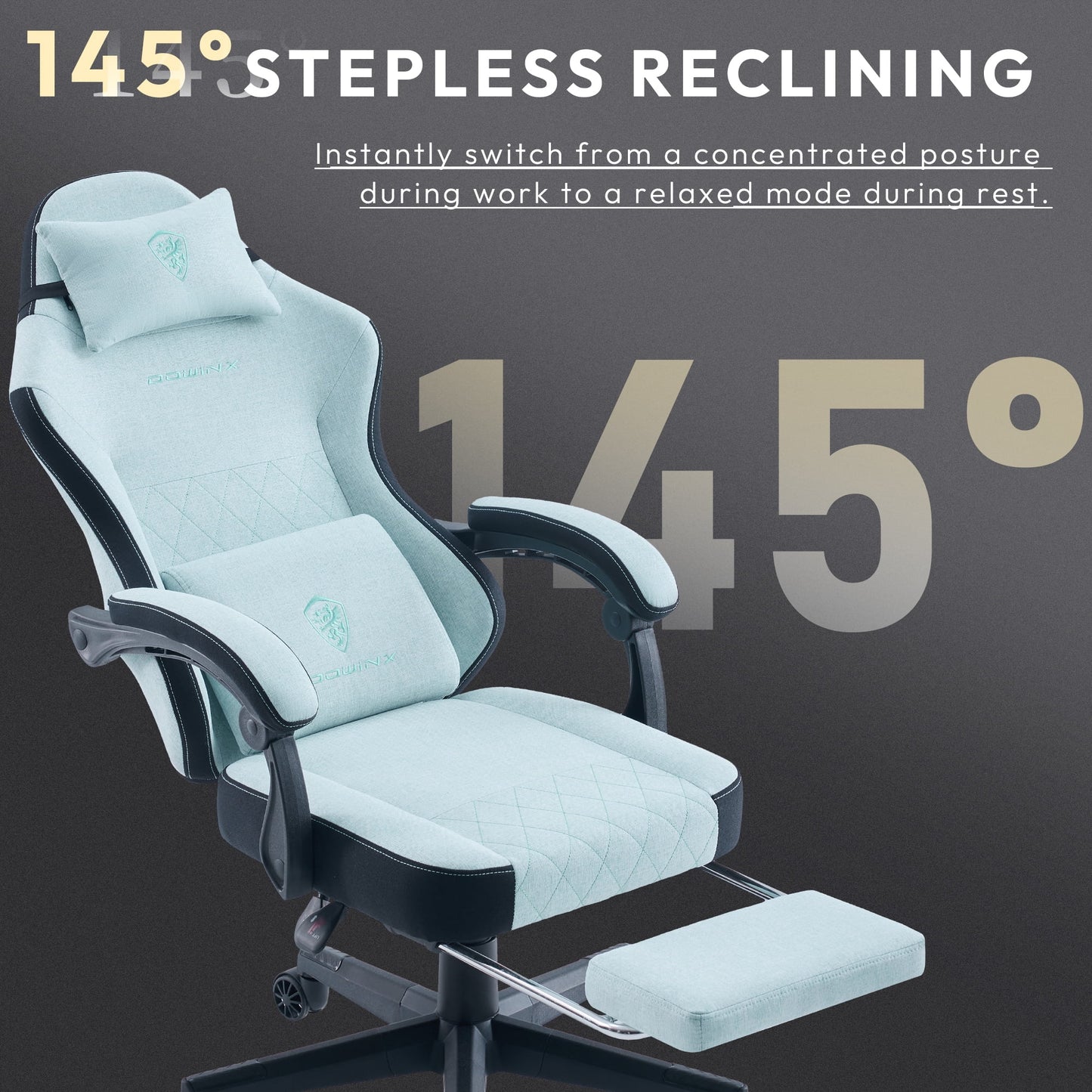 Elite Ergonomic Fabric Gaming Chair in Aqua with massage lumbar support and retractable footrest.