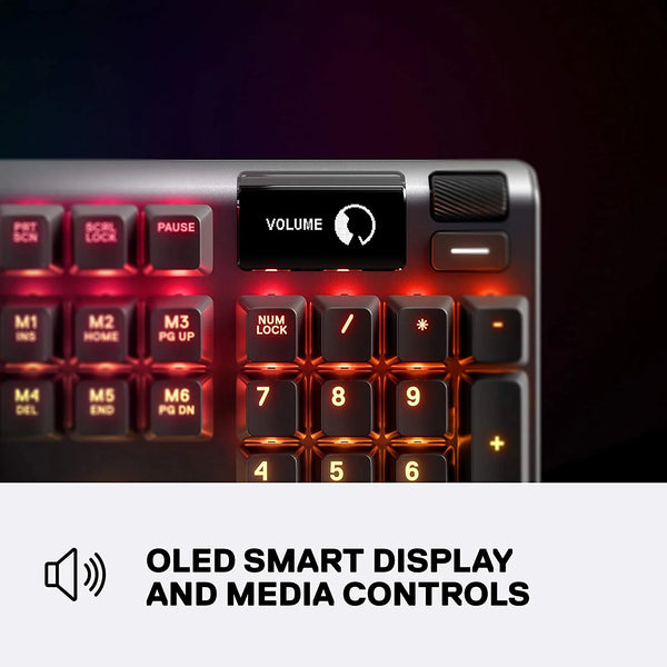 Detail view of the SteelSeries Apex 5 keyboard OLED smart display screen and clicky blue hybrid mechanical switches.